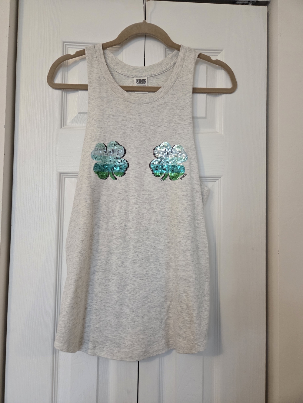 St Patty's PINK Victoria's Secret Light Gray Scoop Neck Tank - Four Leaf Clovers